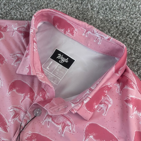 Waggle Other - Waggle Hog Heaven Polo Mens Large Pink Pig Print Performance Golf Shirt NEW